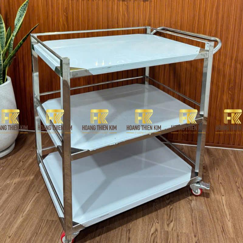 Xe đẩy 3 tầng inox có tay đẩy
