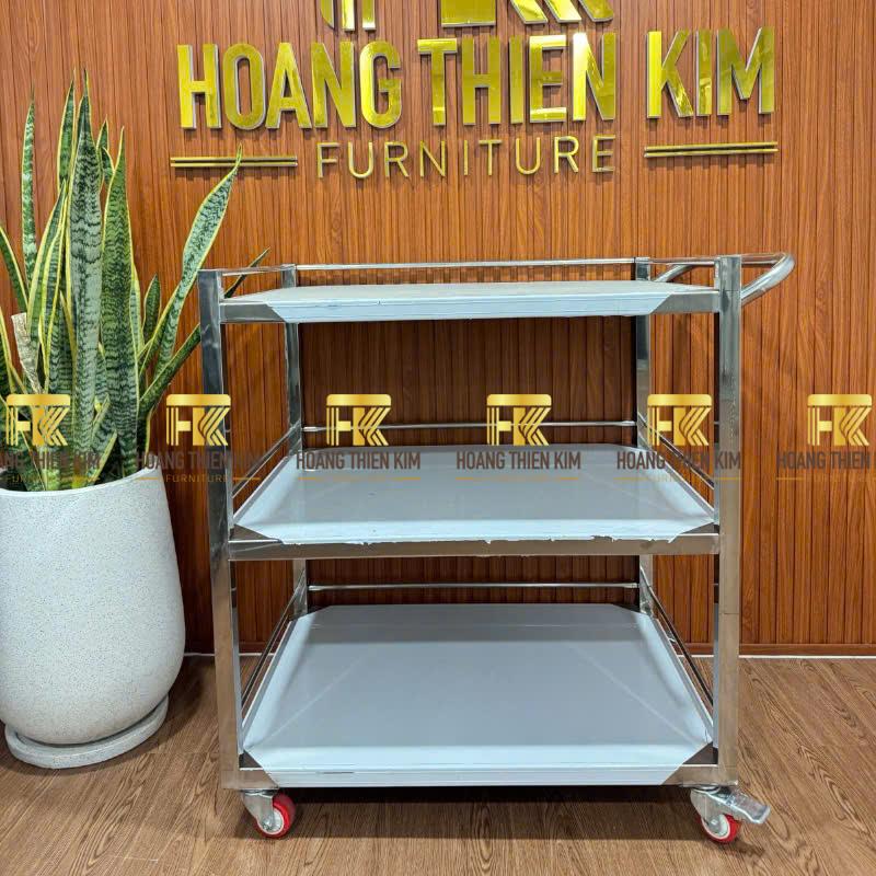 Xe đẩy 3 tầng inox có tay đẩy