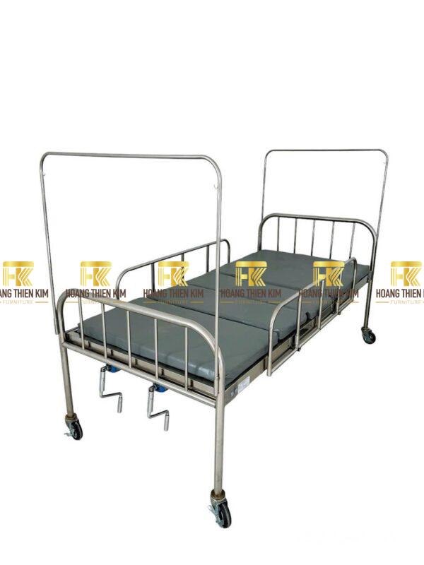 Giường y tế 1m2 inox 201 nâng đầu 2 tay quay có lan can
