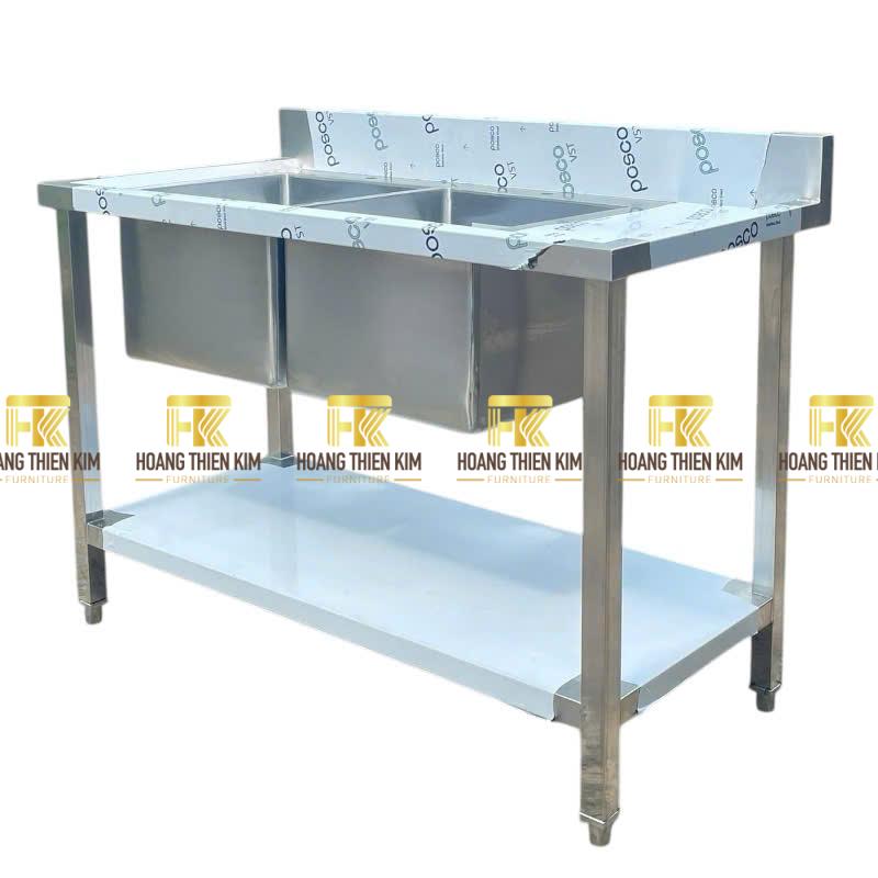 Chậu rửa đôi 2 inox có cánh và kệ phẳng phía dưới