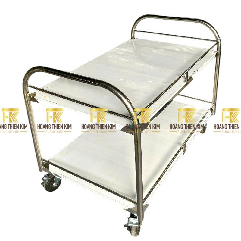 Xe đẩy inox 2 tầng có bánh xe khóa