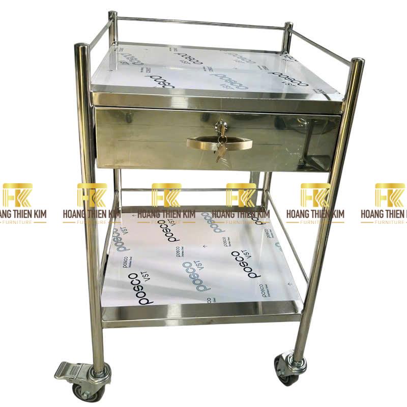 Xe đẩy 2 tầng inox 304 có hộc kéo